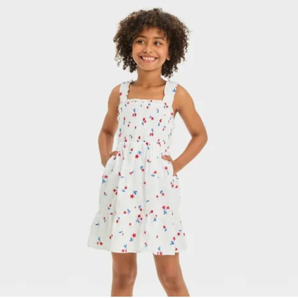 Cat & Jack Girls' XL 14 White Sleeveless Open Back Cherry Stars Americana Dress